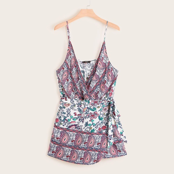 

Plus Paisley and Floral Print Tie Side Wrap Cami Playsuit, Multicolor