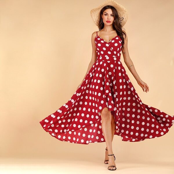 

Dot Print Tulip Hem Surplice Cami Dress, Red