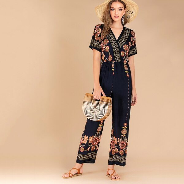 

Folk-custom Embroidery V-neck Surplice Jumpsuit, Navy