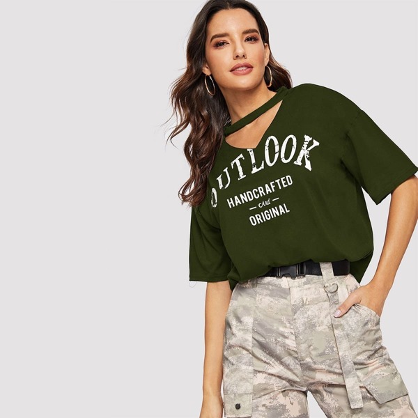 

V-cut Neck Letter Graphic Boxy Tee, Army green