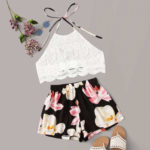 

Scallop Trip Halter Top & Floral Shorts