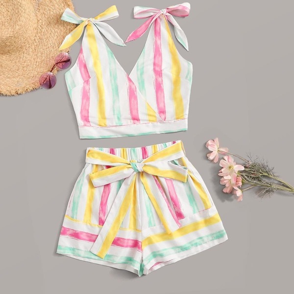 

Colorful Stripe Bow Tie Top & Tie Waist Shorts