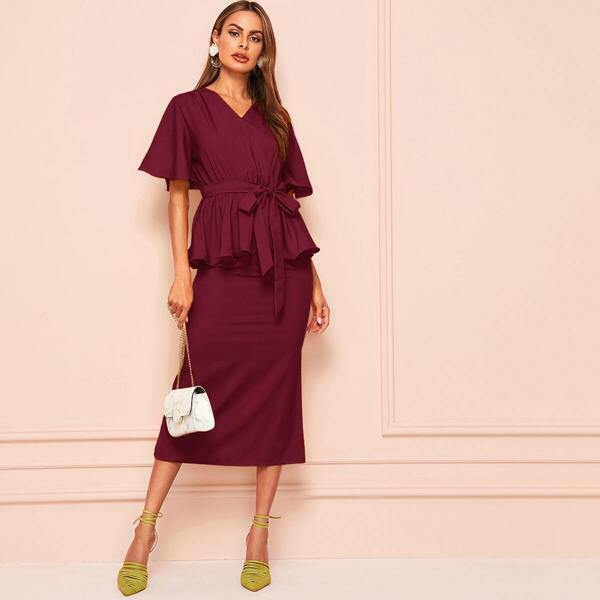 

V-neck Belted Blouse & Split Hem Skirt