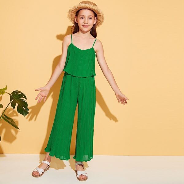 

Girls Ruffle Foldover Pleated Wide Leg Cami Jumpsuit, Green