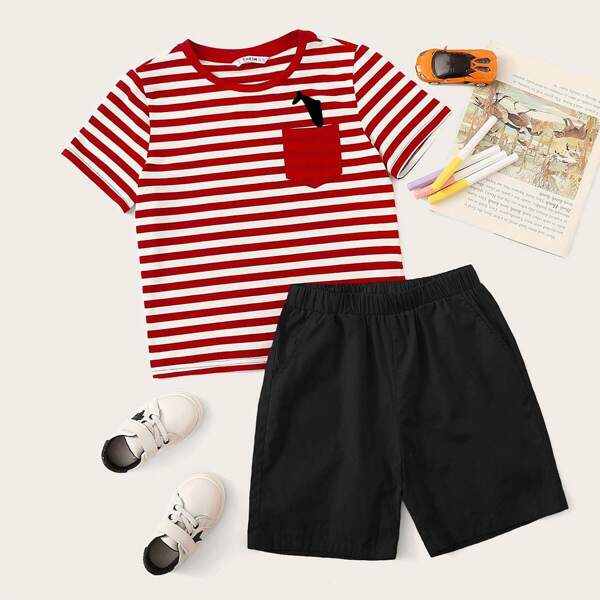 

Boys Print Pocket Patched Striped Tee & Shorts Set, Multicolor