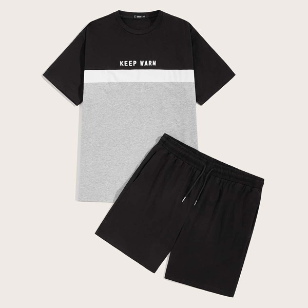 

Men Cut-and-Sew Slogan Print Tee & Shorts Set