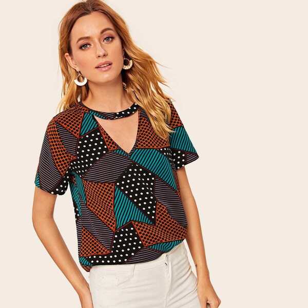 

Choker Neck Color Block Top, Multicolor