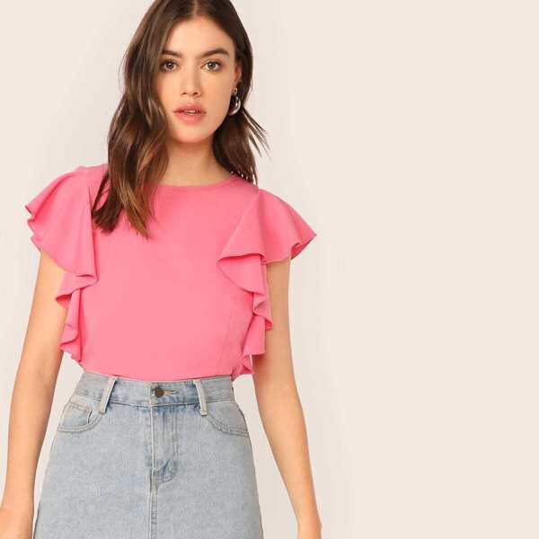 

Solid Ruffle Trim Top, Pink