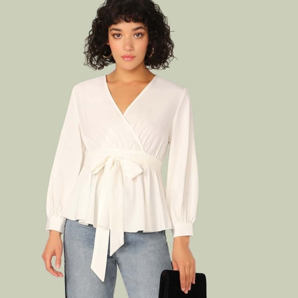 

Surplice Neck Belted Peplum Top, White
