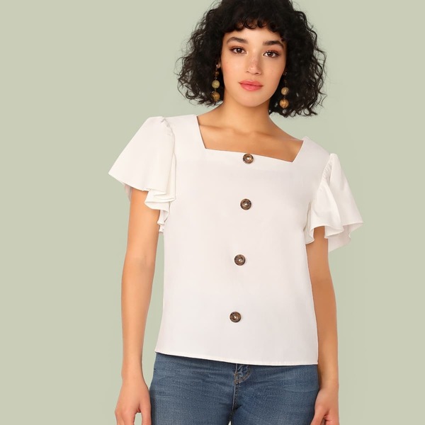 

Butterfly Sleeve Button Front Top, White