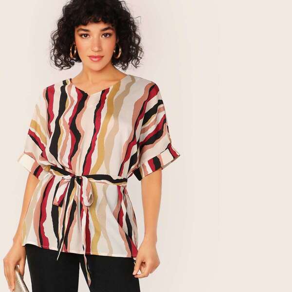 

V-neck Cuffed Sleeve Wave Striped Belted Top, Multicolor