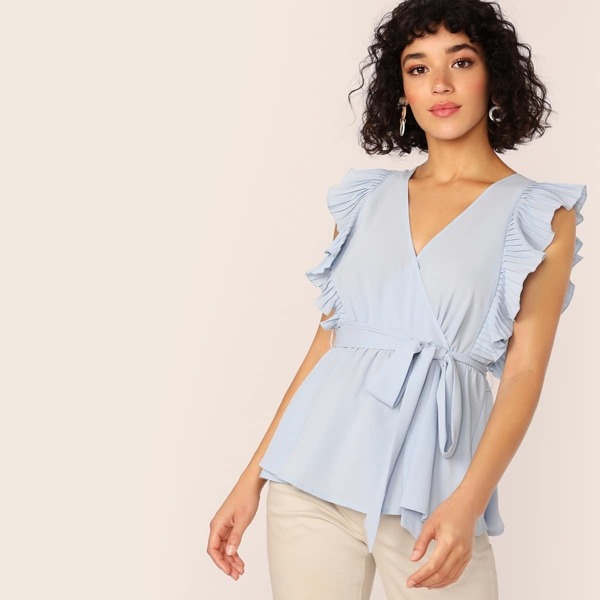 

Pleated Ruffle Armhole Self Belted Wrap Top, Blue pastel