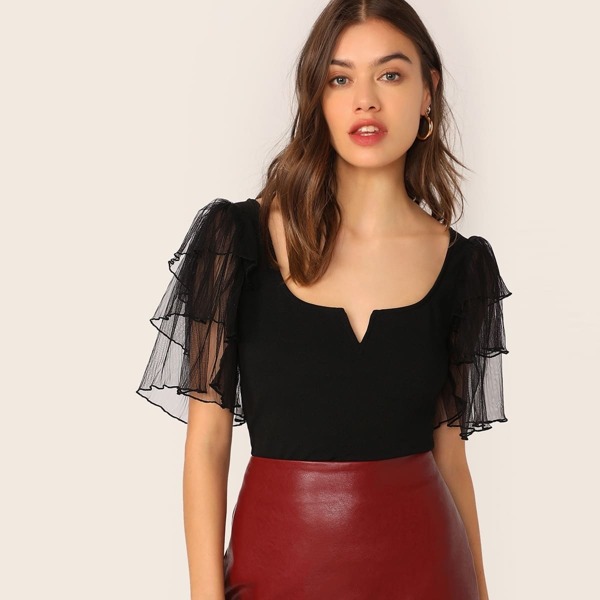 

Notch Neck Layered Mesh Sleeve Top