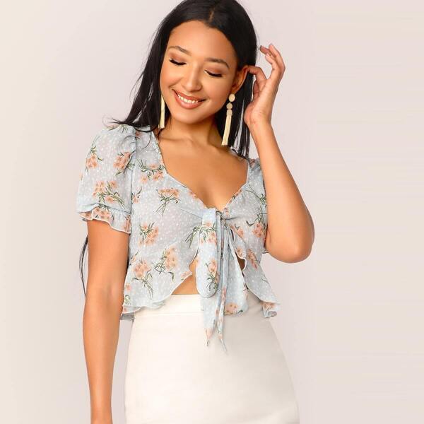 

Tie Front Ruffle Hem Floral Print Blouse