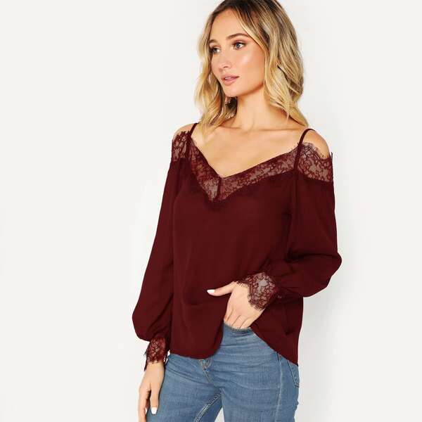 

Cold Shoulder Lace Trim Top, Burgundy