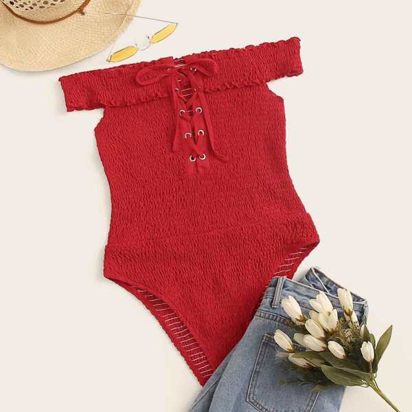 

Lace-up Front Shirred Off Shoulder Bodysuit, Red bright