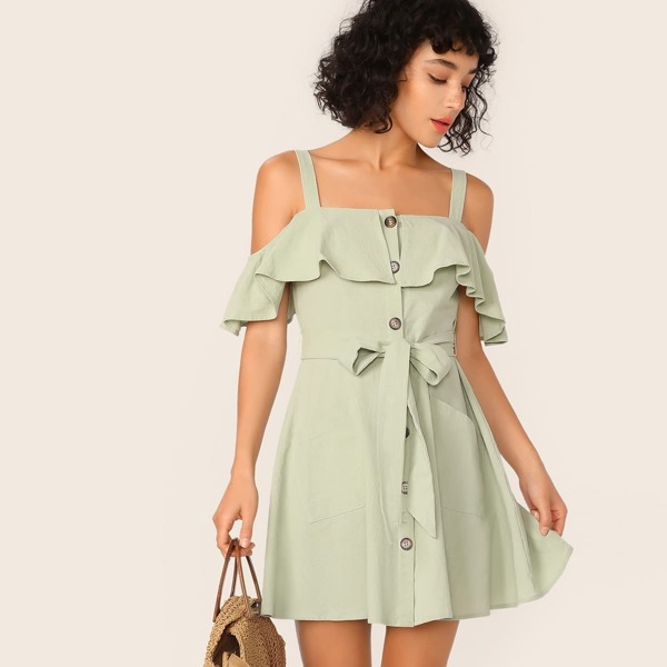 

Cold Shoulder Ruffle Trim Patch Pocket Belted Dress