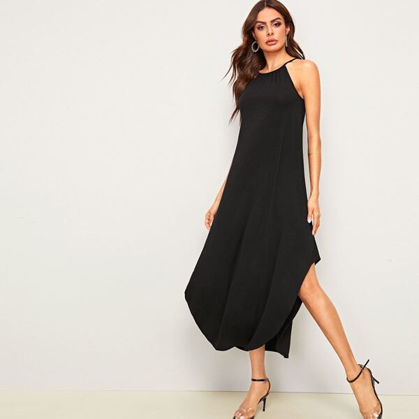 

Keyhole Back Curved Hem Halter Dress