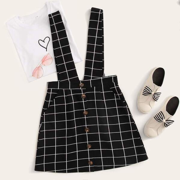 

Grid Print Button Front Pinafore Dress