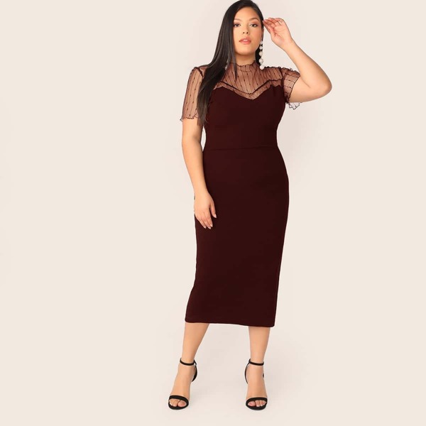 

Plus Sheer Mesh Yoke Insert Pencil Dress