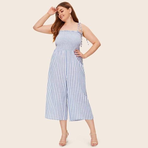 

Plus Frill Trim Shirred Bodice Tie Shoulder Cami Jumpsuit, Blue