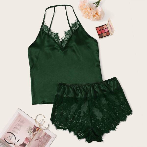 

Eyelash Lace Trim Racerback Satin Top & Shorts PJ Set