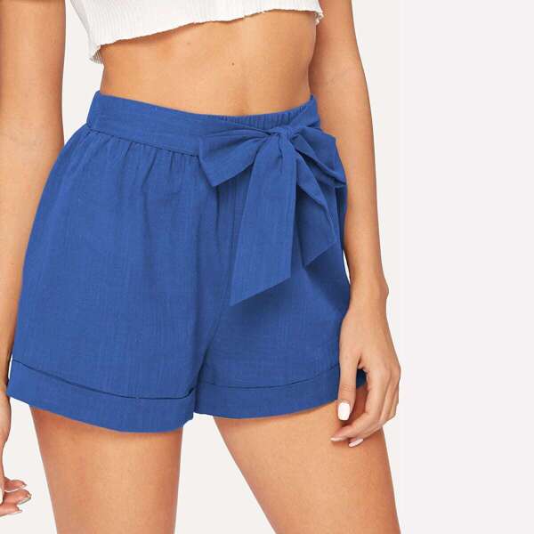 

Elastic Waist Cuffed Shorts With Belt, Blue