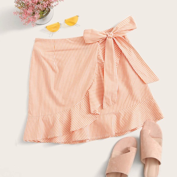 

Ruffle Trim Wrap Knot Striped Skirt, Orange pastel