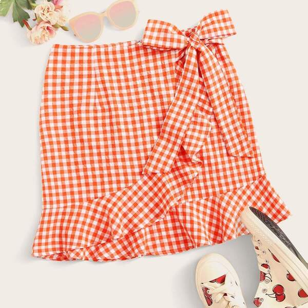 

Knot Side Ruffle Trim Gingham Wrap Skirt