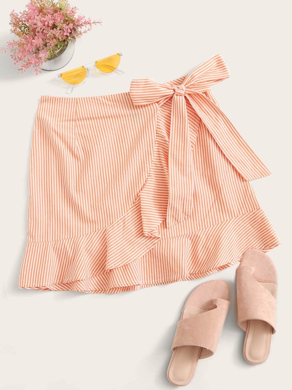 

Ruffle Trim Wrap Knot Striped Skirt, Orange