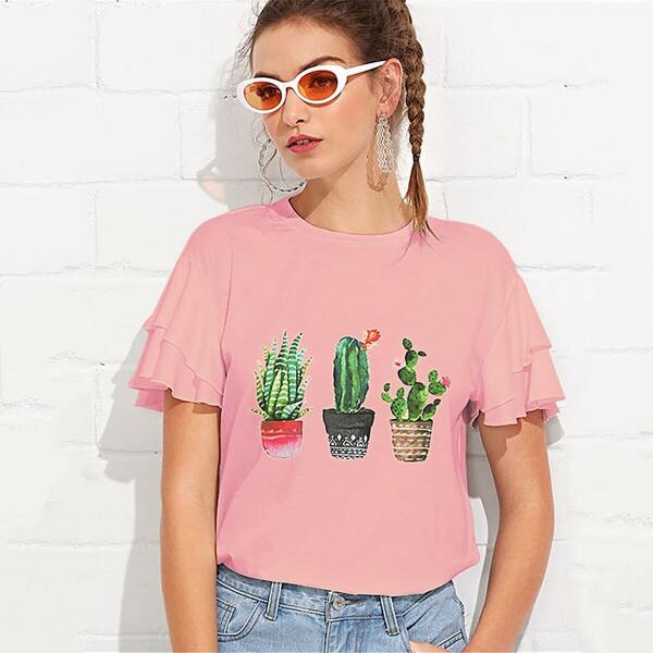 

Botanical Print Layered Ruffle Sleeve Top