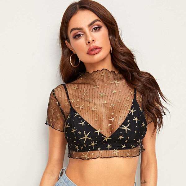 

Lettuce Edge Star Mesh Crop Top Without Bra