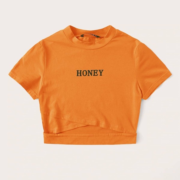 

Neon Orange Cross Wrap Letter Graphic Crop Tee, Orange bright