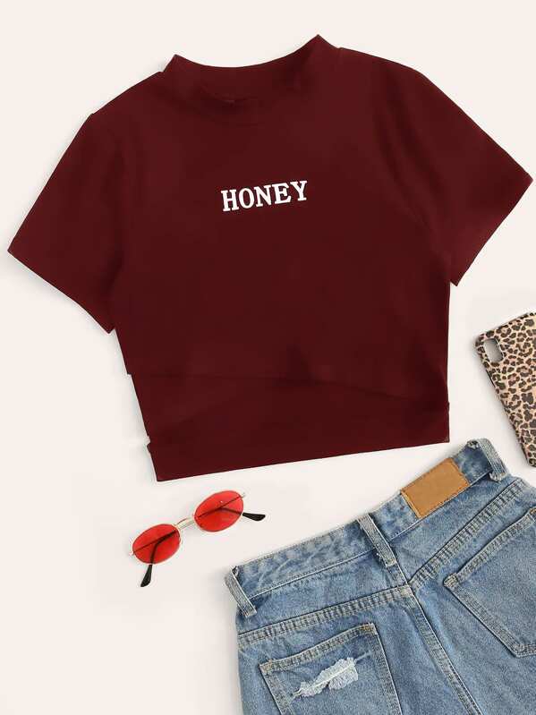 

Mock-Neck Crisscross Hem Letter Graphic Top, Burgundy
