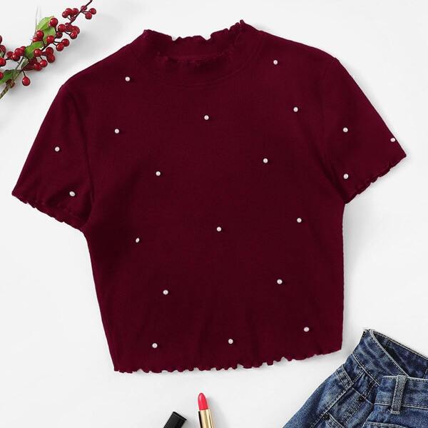 

Plus Mock-neck Rib-knit Lettuce Trim Pearls Detail Top