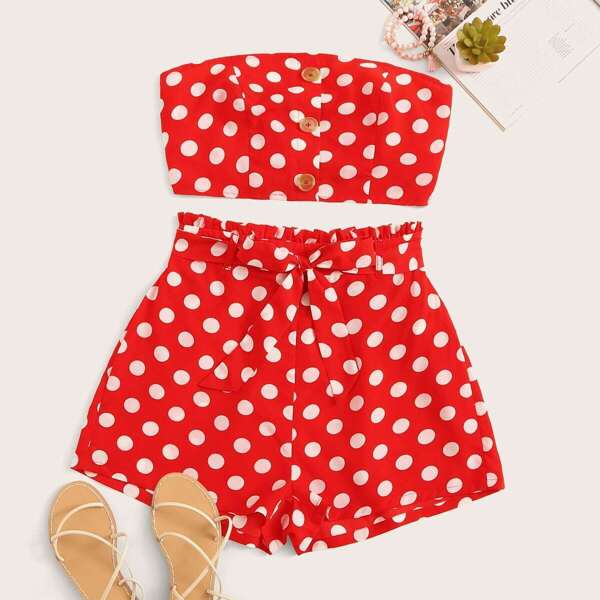 

Button Front Polka Dot Crop Tube Top & Belted Shorts Set