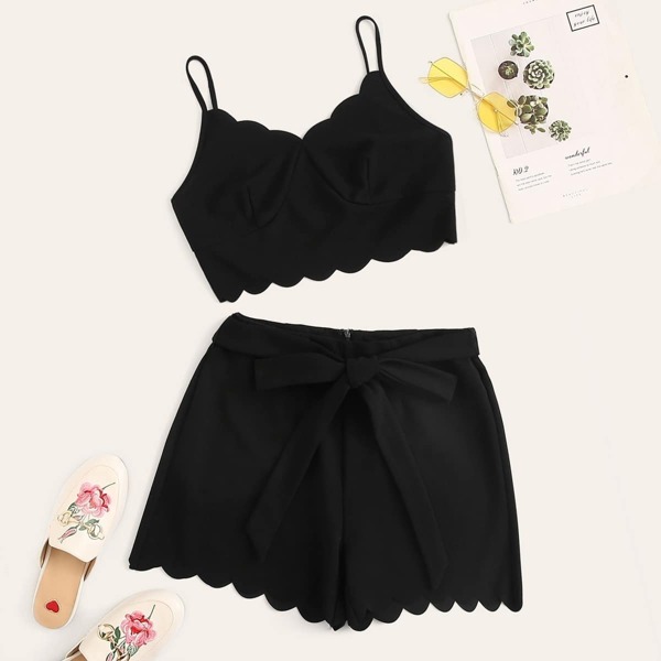 

Scallop Bustier Bra Cami Crop Top & Belted Shorts Set