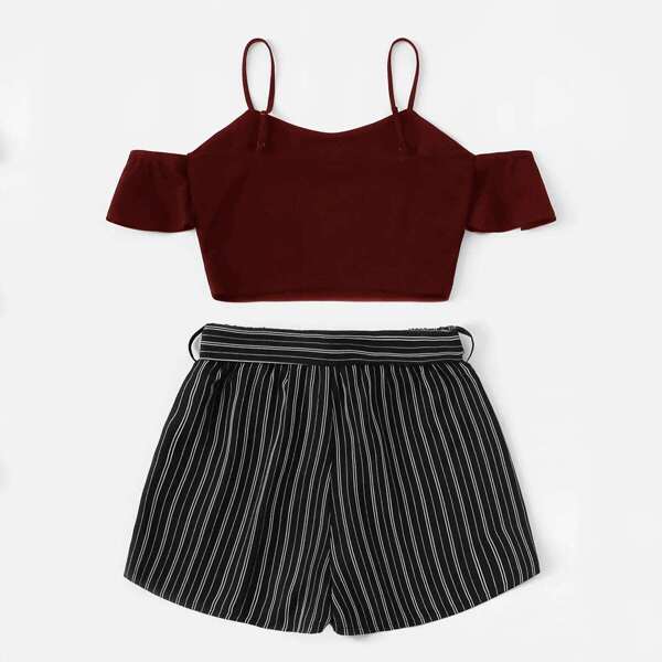 

Cold Shoulder Top and Self Belted Shorts Set, Multicolor