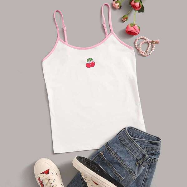 

Contrast Binding Cherry Print Cami Top, White