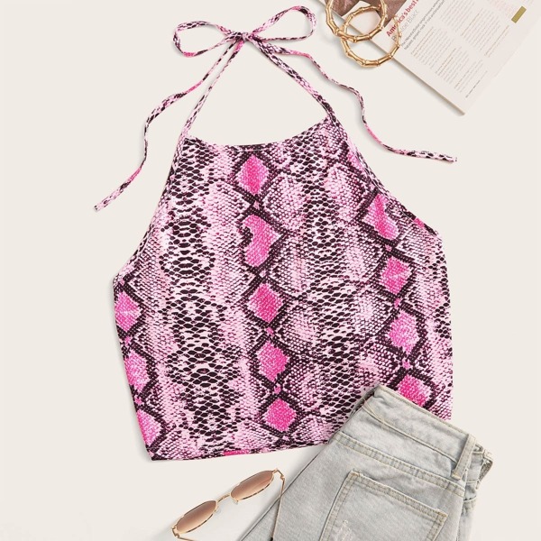 

Snakeskin Print Halter Crop Top