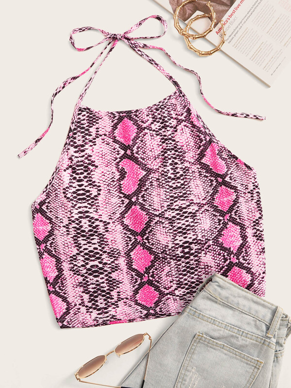 

Snakeskin Print Halter Crop Top, Multicolor