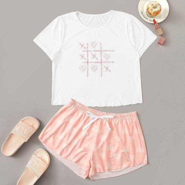 

Heart Print Knot Detail Pajama Set