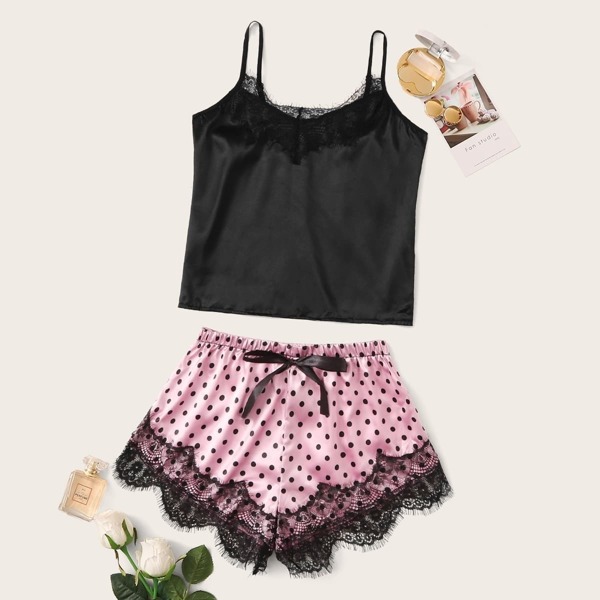 

Eyelash Lace Satin Cami With Polka Dot Shorts, Multicolor