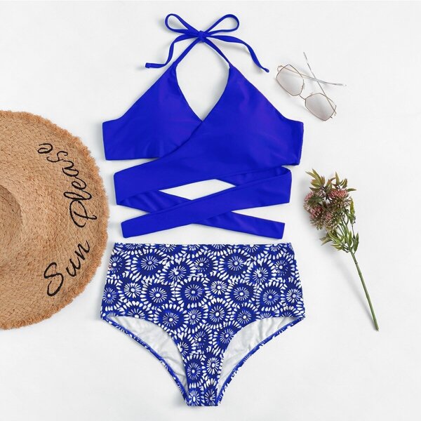 

Plus Wrap Halter Top With Floral Bikini