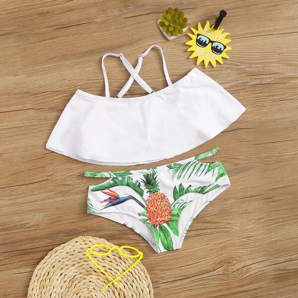 

Girls Flounce Top With Tropical Bikini Set