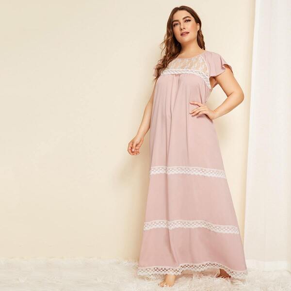 

Plus Contrast Lace Night Dress, Pink pastel