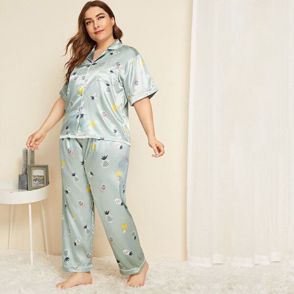 

Plus Pineapple Print Satin Pajama Set