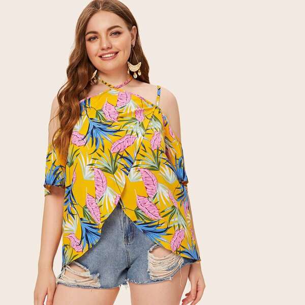 

Plus Jungle Leaf Print Wrap Halterneck Top