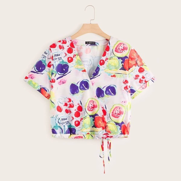 

Plus Fruit Print Drawstring Hem Wrap Blouse