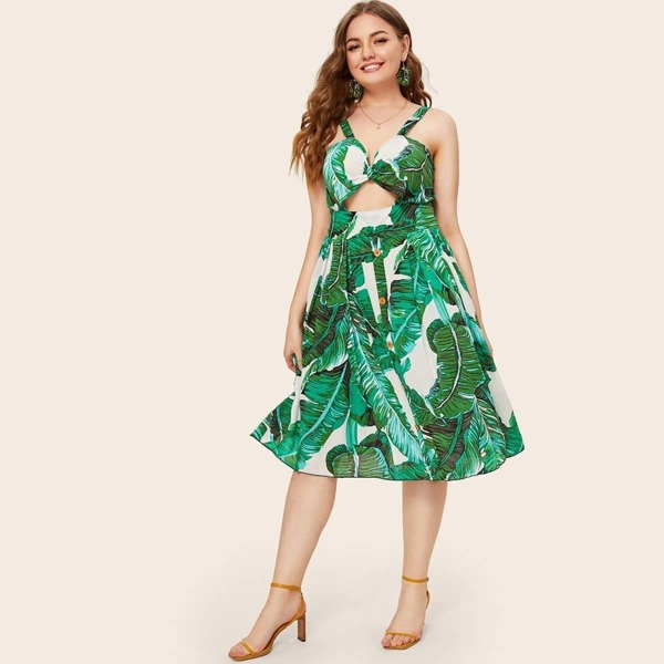 

Plus Jungle Leaf Button Front Peekaboo Slip Dress, Green